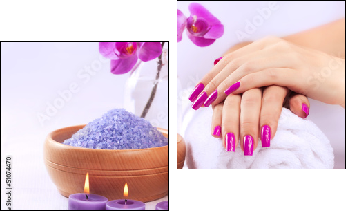female hands with fragrant orchid and towel. Spa - Two-piece canvas, Diptych