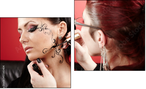 Brunette having applied face tattoo by makeup artist - Two-piece canvas, Diptych