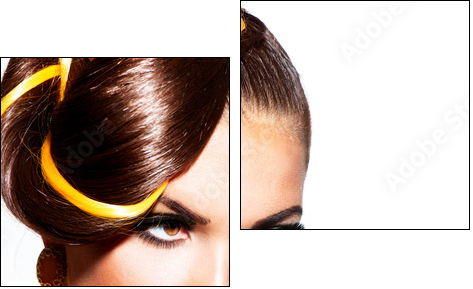 Fashion Model Girl Portrait with Yellow and Orange Makeup - Two-piece canvas, Diptych