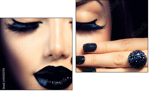 Beauty Fashion Girl with Trendy Caviar Black Manicure and Makeup - Two-piece canvas, Diptych