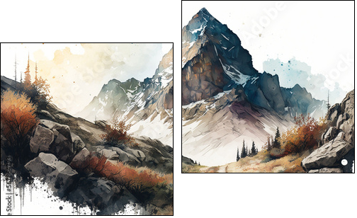 Beautiful landscape with snowy mountains painted in watercolors. AI Generative. - Two-piece canvas, Diptych