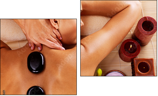 Adult woman having hot stone massage in spa salon - Two-piece canvas, Diptych