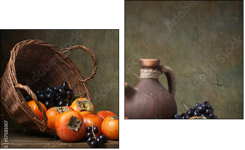 Still life with persimmons and grapes on the table - Two-piece canvas, Diptych
