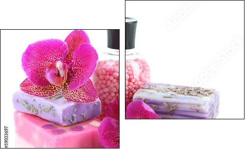 Sea salt, soap and orchid isolated on white - Two-piece canvas, Diptych