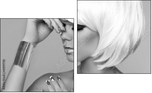Fashion Blond Girl. Beauty Portrait Woman. Makeup. White Short H - Two-piece canvas, Diptych