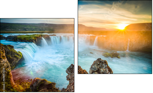 Iceland, Godafoss at sunset, beautiful waterfall, long exposure - Two-piece canvas, Diptych