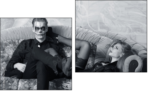 young man and woman on the sofa. makeup in Halloween theme - Two-piece canvas, Diptych