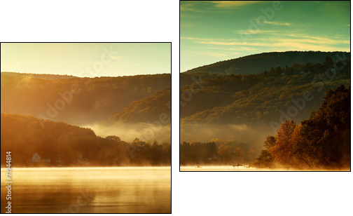 Beautiful autumn landscape, the lake in the morning fog - Two-piece canvas, Diptych