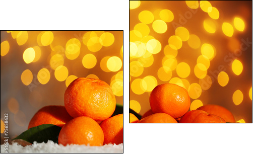 Fresh ripe mandarins on snow, on lights background - Two-piece canvas, Diptych