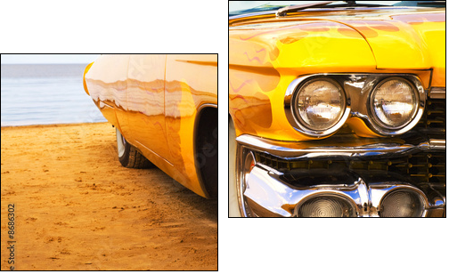 Classic yellow flame painted Cadillac at beach - Two-piece canvas, Diptych