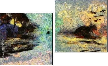 Vivid Swirling Painting of Islands Sunset or Sunrise - Two-piece canvas, Diptych