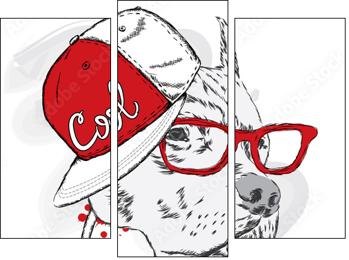 Pitbull in cap and headphones. Dog vector. Cool dog. - Three-piece canvas, Triptych