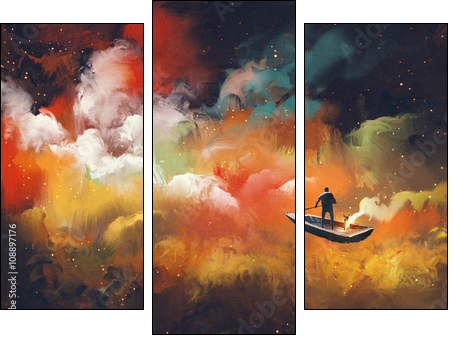 man on a boat in the outer space with colorful cloud,illustration - Three-piece canvas, Triptych