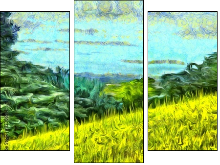 grass filled hillside against a background of trees and a blue sky - Three-piece canvas, Triptych