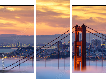 Early morning low fog at Golden Gate Bridge - Three-piece canvas, Triptych