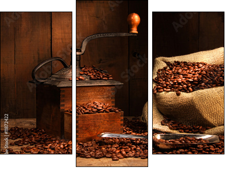Antique coffee grinder with beans - Three-piece canvas, Triptych
