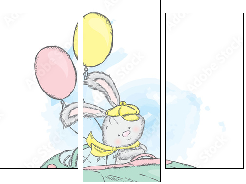 Honey Bunny in a car. Vector illustration for a card or poster. Print on clothes. Charming hare. - Three-piece canvas, Triptych