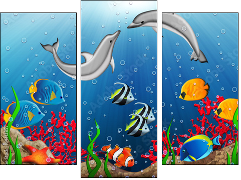 Underwater world with dolphins and tropical fishes - Three-piece canvas, Triptych