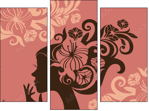 Beautiful woman silhouette with a flowers - Three-piece canvas, Triptych