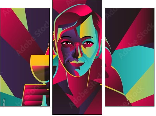 cubist colorful girl drinking wine - Three-piece canvas, Triptych