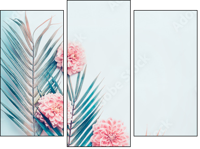 Creative layout with tropical palm leaves and pastel pink flowers on  turquoise blue desktop background, top view, place for text, vertical - Three-piece canvas, Triptych