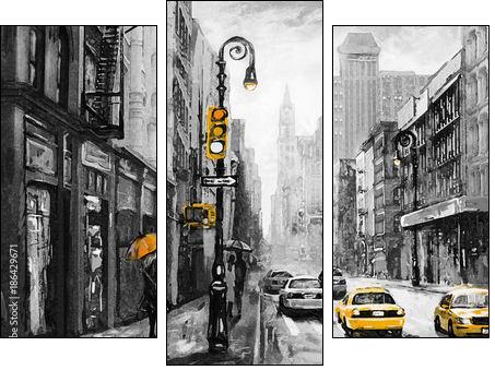 oil painting on canvas, street view of New York, man and woman, yellow taxi,  modern Artwork,  American city, illustration New York - Three-piece canvas, Triptych