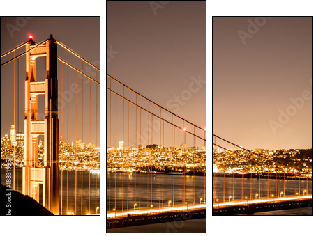 Golden gate bridge at night. Long shutter speed. San Francisco - Three-piece canvas, Triptych
