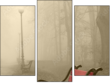 red bench in the fog - Three-piece canvas, Triptych