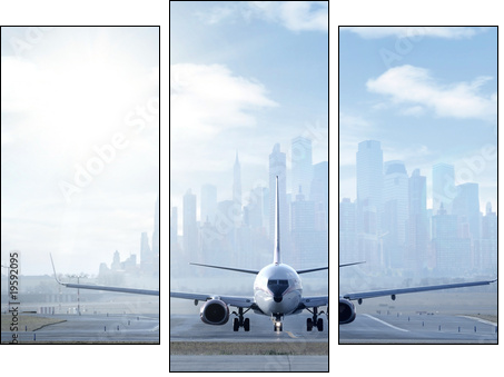 Big aircraft on runway in big city - Three-piece canvas, Triptych