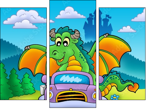 Green dragon driving car - Three-piece canvas, Triptych