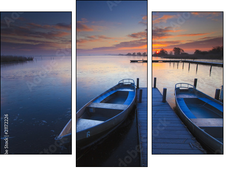 Peaceful sunrise with dramatic sky and boats and a jetty - Three-piece canvas, Triptych