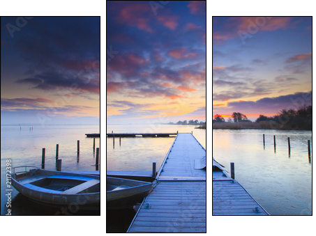 Peaceful sunrise with dramatic sky and boats and a jetty - Three-piece canvas, Triptych