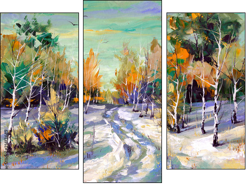 Winter road to wood - Three-piece canvas, Triptych