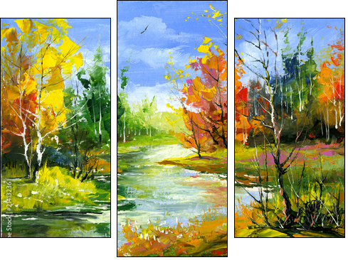 Autumn landscape with the wood river - Three-piece canvas, Triptych