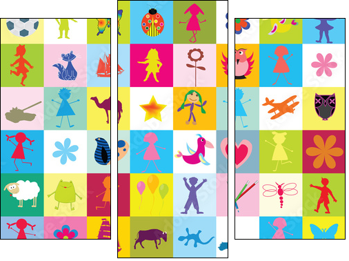 Pattern with toys and kids for kindergarten - Three-piece canvas, Triptych