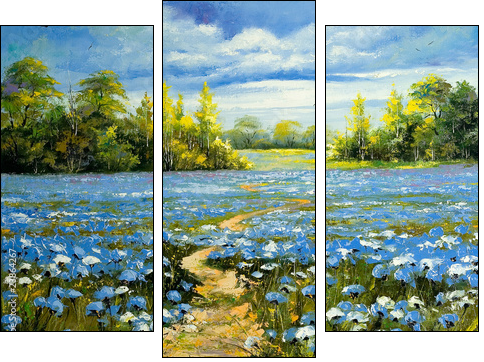 Road through a field with blossoming cornflowers - Three-piece canvas, Triptych