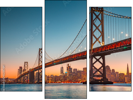 San Francisco skyline with Oakland Bay Bridge at sunset, California, USA - Three-piece canvas, Triptych