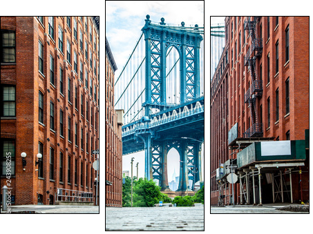 Manhattan Bridge between Manhattan and Brooklyn over East River seen from a narrow alley enclosed by two brick buildings on a sunny day in Washington street in Dumbo, Brooklyn, NYC - Three-piece canvas, Triptych