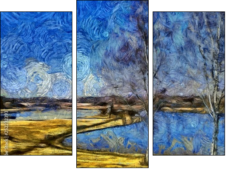 Incredible beauty of nature landscape. Spring season. Impressionism oil painting in Vincent Van Gogh modern style. Creative artistic print for canvas or textile. Wallpaper, poster or postcard design. - Three-piece canvas, Triptych