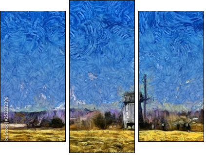 Nature landscape and old historical mill in village. Impressionism oil painting in Vincent Van Gogh modern style. Creative artistic print for canvas or textile. Wallpaper, poster or postcard design. - Three-piece canvas, Triptych