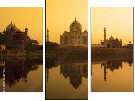Taj Mahal sunset reflection, Yamuna River. - Three-piece canvas, Triptych