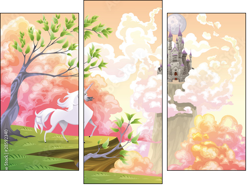 Unicorn and mythological landscape. Vector illustration - Three-piece canvas, Triptych
