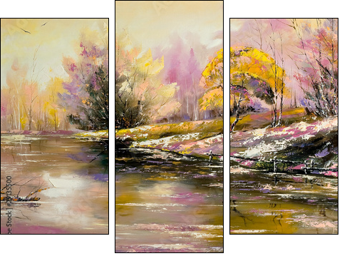 Autumn landscape with snow and the river - Three-piece canvas, Triptych