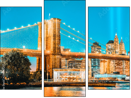 New York night view of the Lower Manhattan and the Brooklyn Bridge across the East River. - Three-piece canvas, Triptych