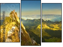 Great panoramic view of morning mountains in Switzerland with Lake Zürich and many tops in autumn - Three-piece canvas, Triptych