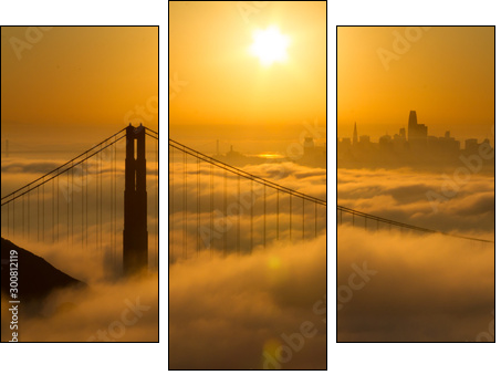 Spectacular Golden Gate Bridge sunrise with low fog and city view - Three-piece canvas, Triptych