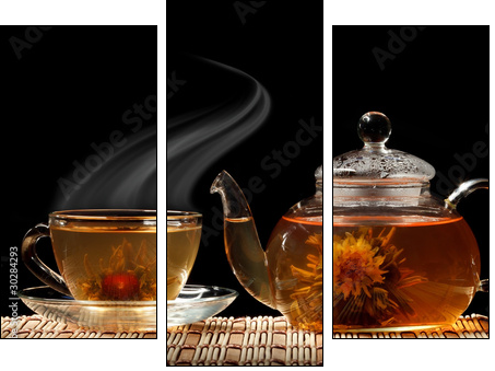 Glass teapot and a cup of green tea on a black background - Three-piece canvas, Triptych