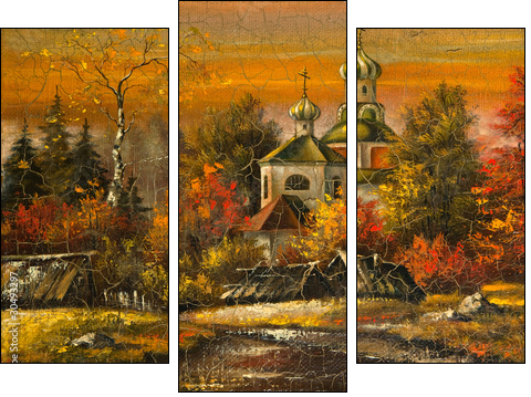 Ancient picture. Church in village - Three-piece canvas, Triptych