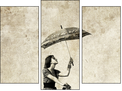 Girl with umbrella on bike. Photo in old image style. - Three-piece canvas, Triptych