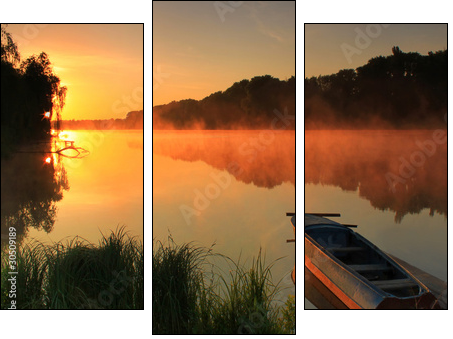 Boat on the shore of a misty lake - Three-piece canvas, Triptych